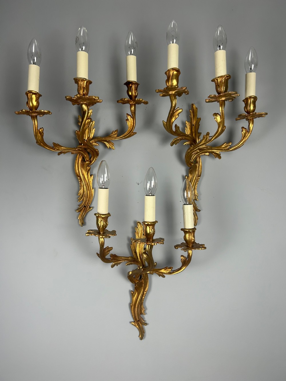 Set of 3 French Large Triple Arm Gilt Brass Antique Wall Lights 