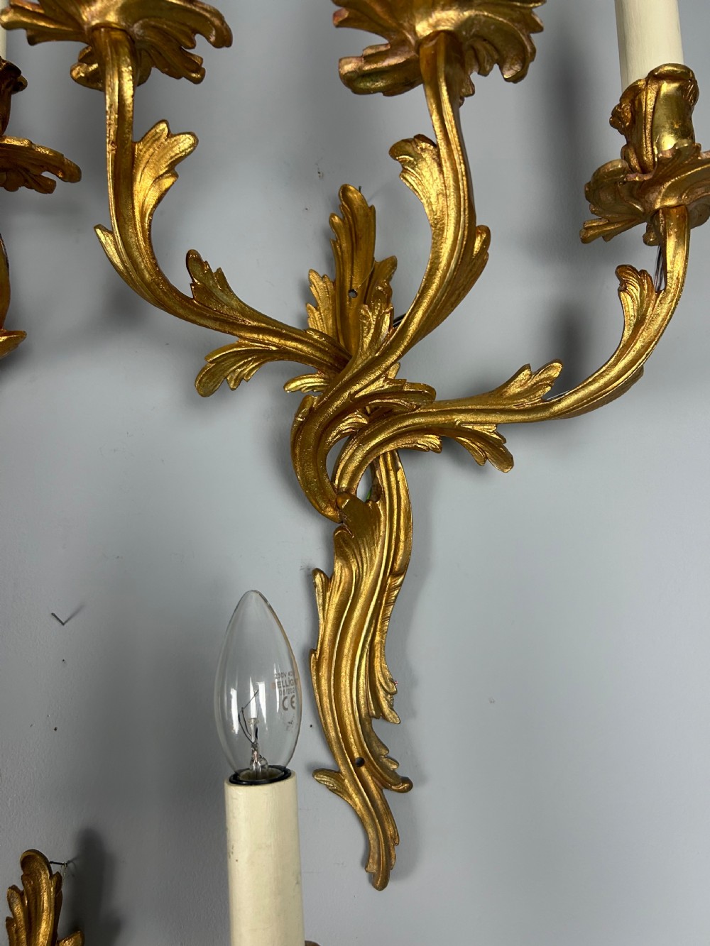 Set of 3 French Large Triple Arm Gilt Brass Antique Wall Lights  View II