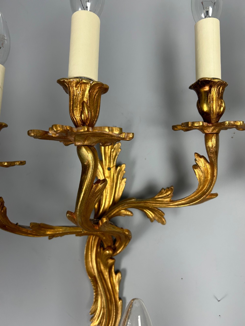 Set of 3 French Large Triple Arm Gilt Brass Antique Wall Lights  View III