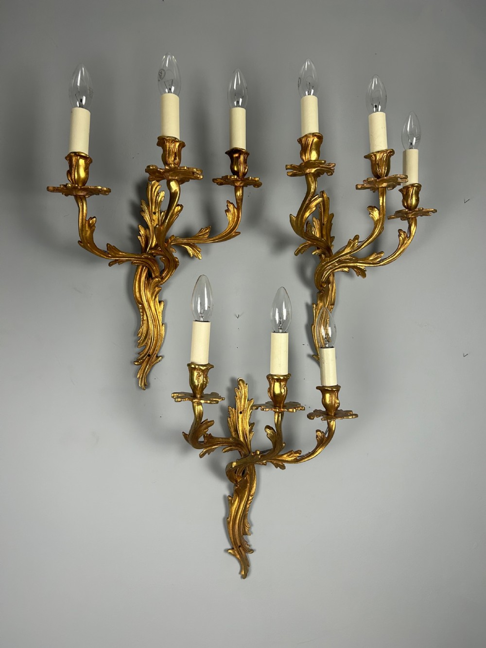 Set of 3 French Large Triple Arm Gilt Brass Antique Wall Lights  View IV