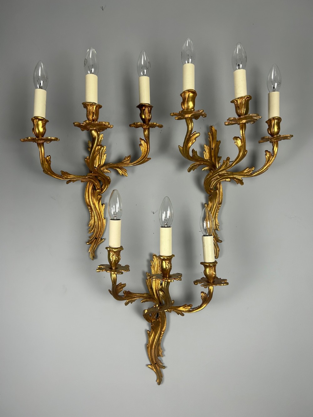 Set of 3 French Large Triple Arm Gilt Brass Antique Wall Lights  View V