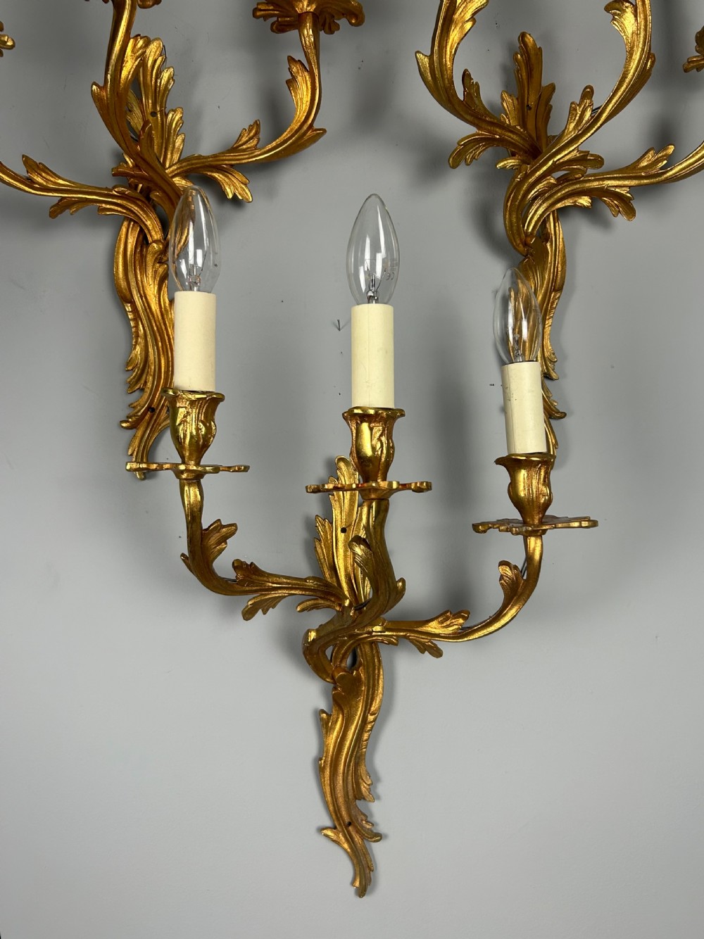 Set of 3 French Large Triple Arm Gilt Brass Antique Wall Lights  View VI