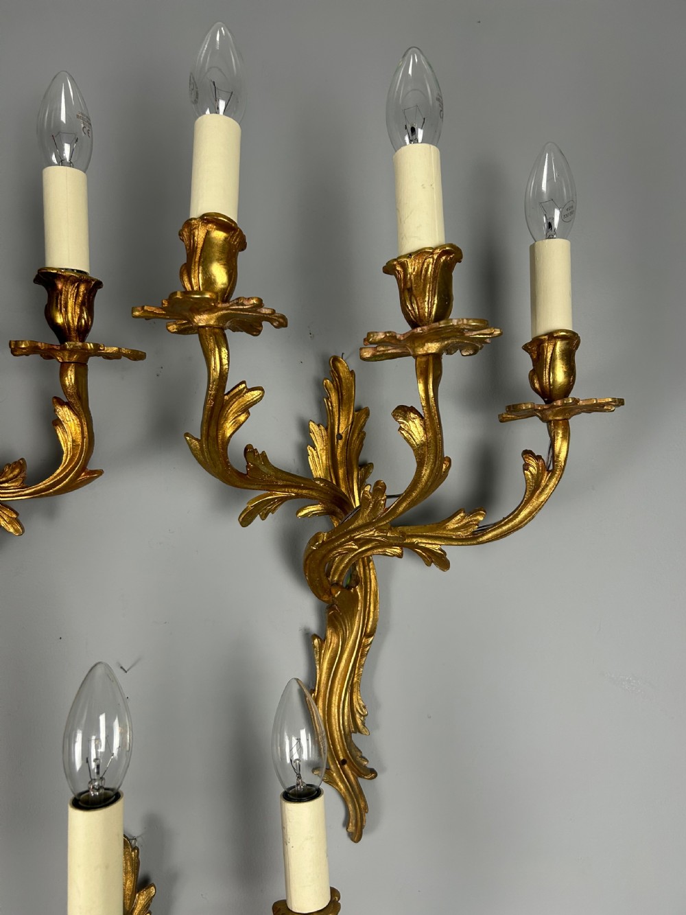Set of 3 French Large Triple Arm Gilt Brass Antique Wall Lights  View VII