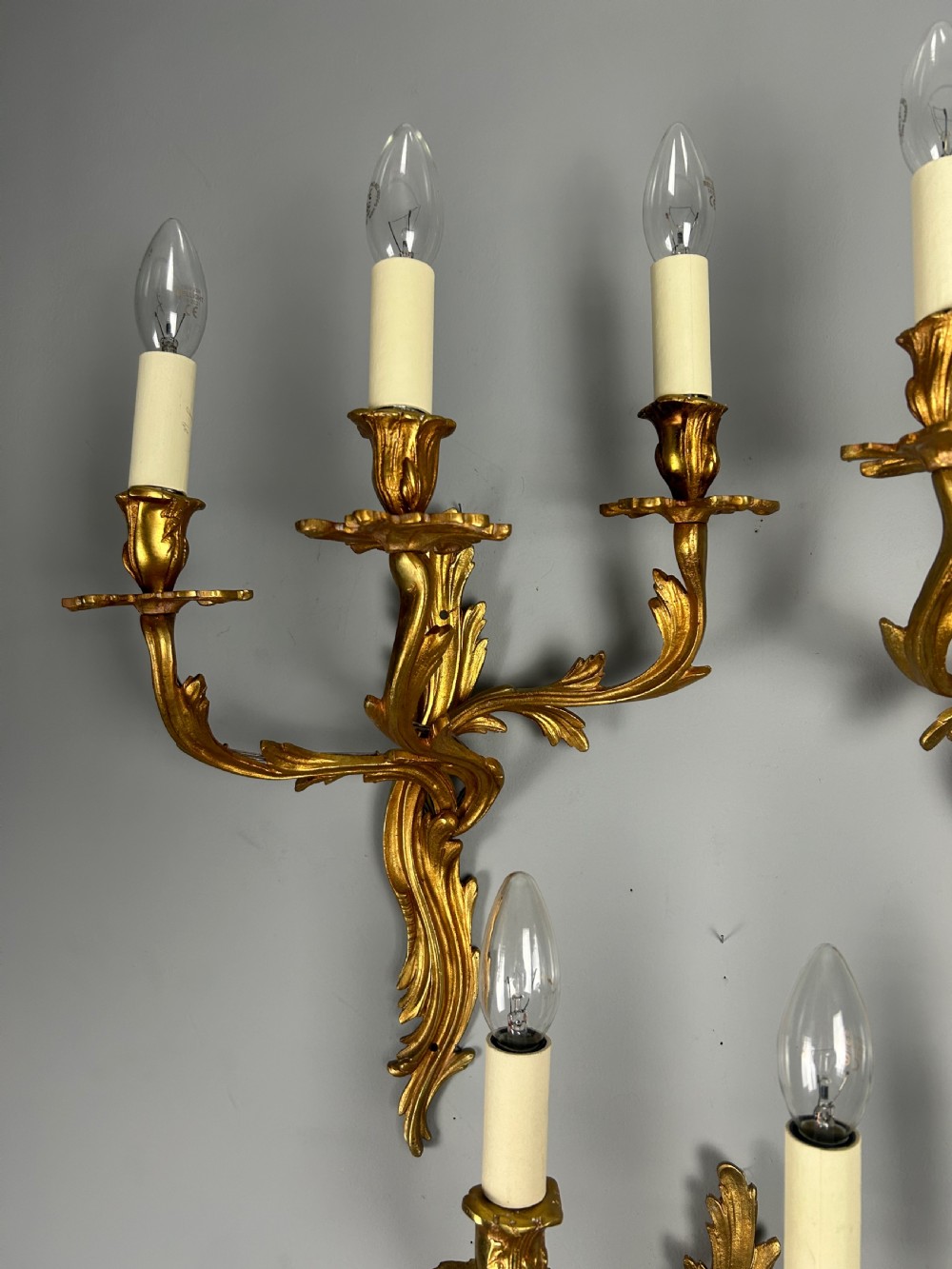 Set of 3 French Large Triple Arm Gilt Brass Antique Wall Lights  View VIII