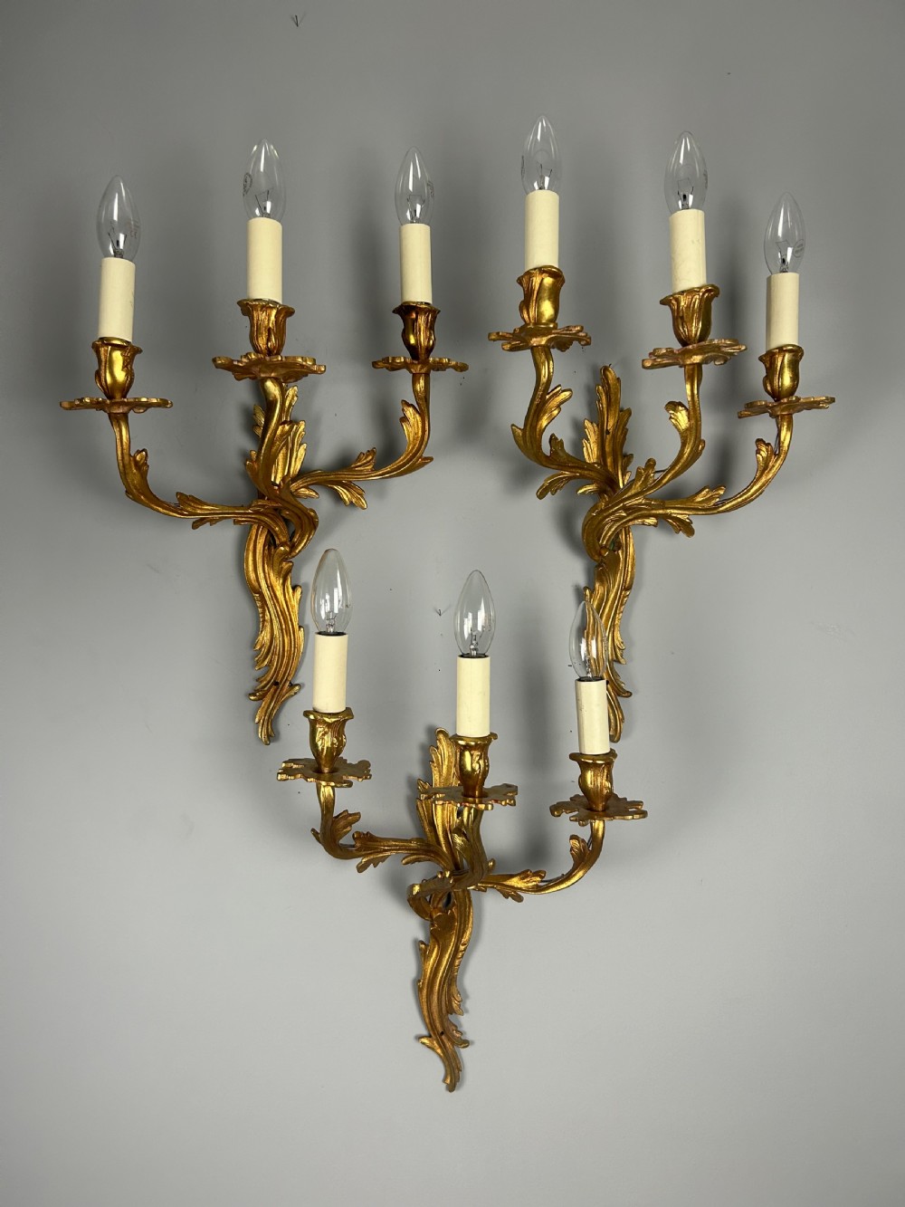 Set of 3 French Large Triple Arm Gilt Brass Antique Wall Lights  View IX