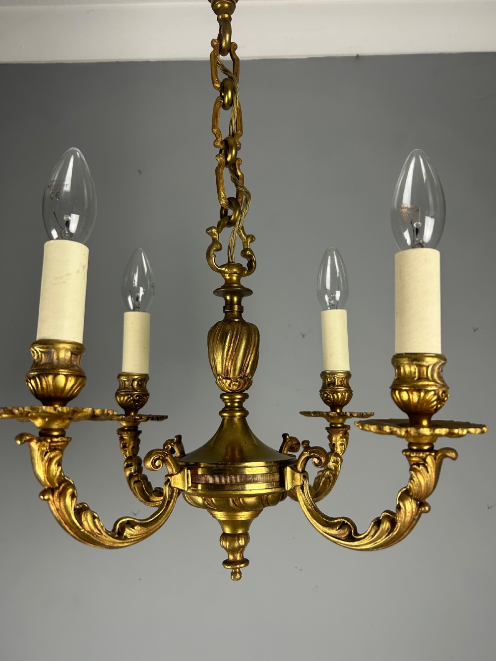 French Gilt Brass 4 Light Antique Chandelier