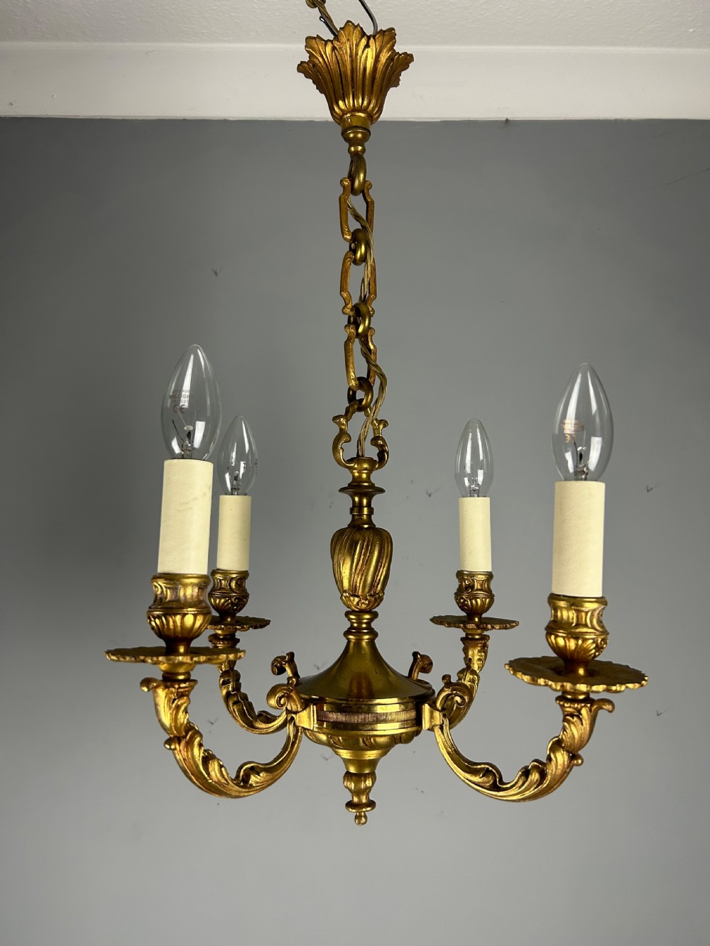 French Gilt Brass 4 Light Antique Chandelier View VIII