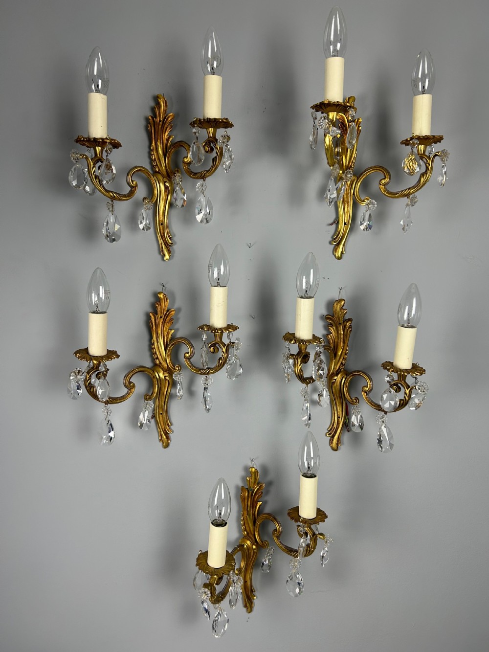 Set Of 5 French Gilded Twin Arm Antique Wall Lights With Crystals