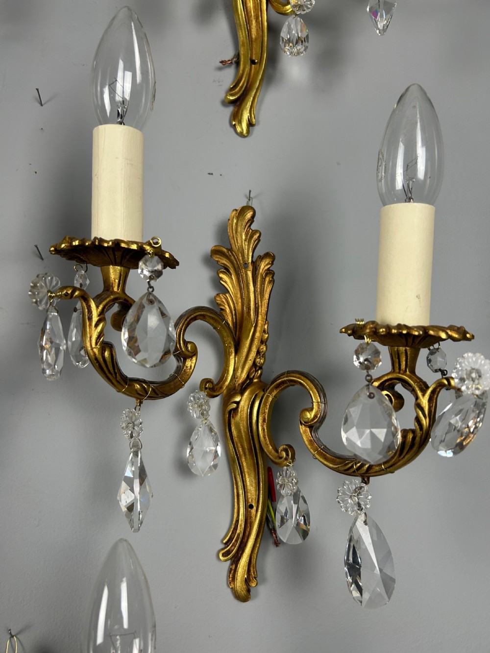 Set Of 5 French Gilded Twin Arm Antique Wall Lights With Crystals View II