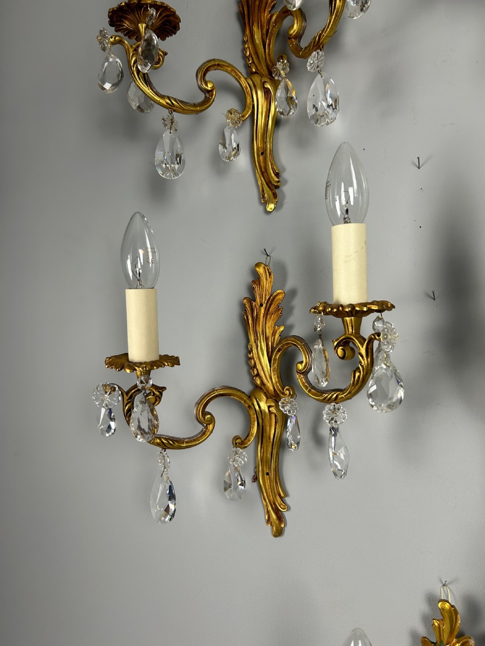 Set Of 5 French Gilded Twin Arm Antique Wall Lights With Crystals View III