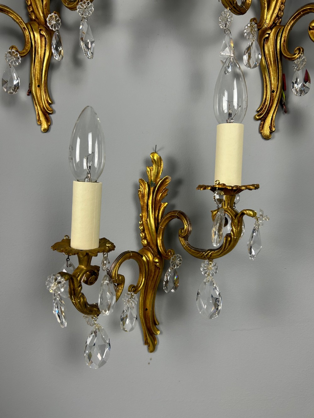 Set Of 5 French Gilded Twin Arm Antique Wall Lights With Crystals View IV
