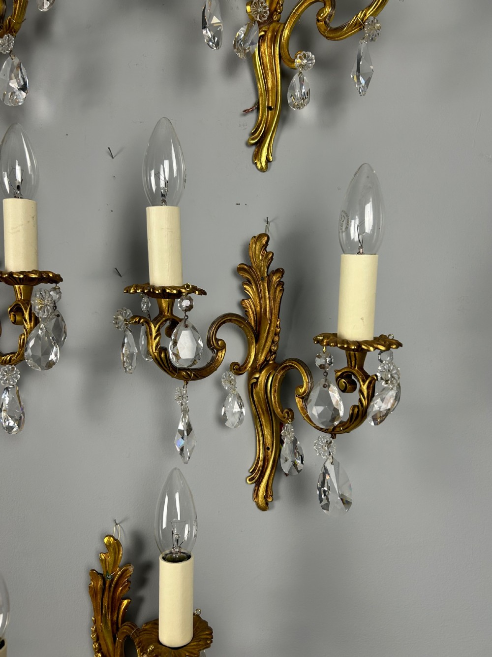 Set Of 5 French Gilded Twin Arm Antique Wall Lights With Crystals View V
