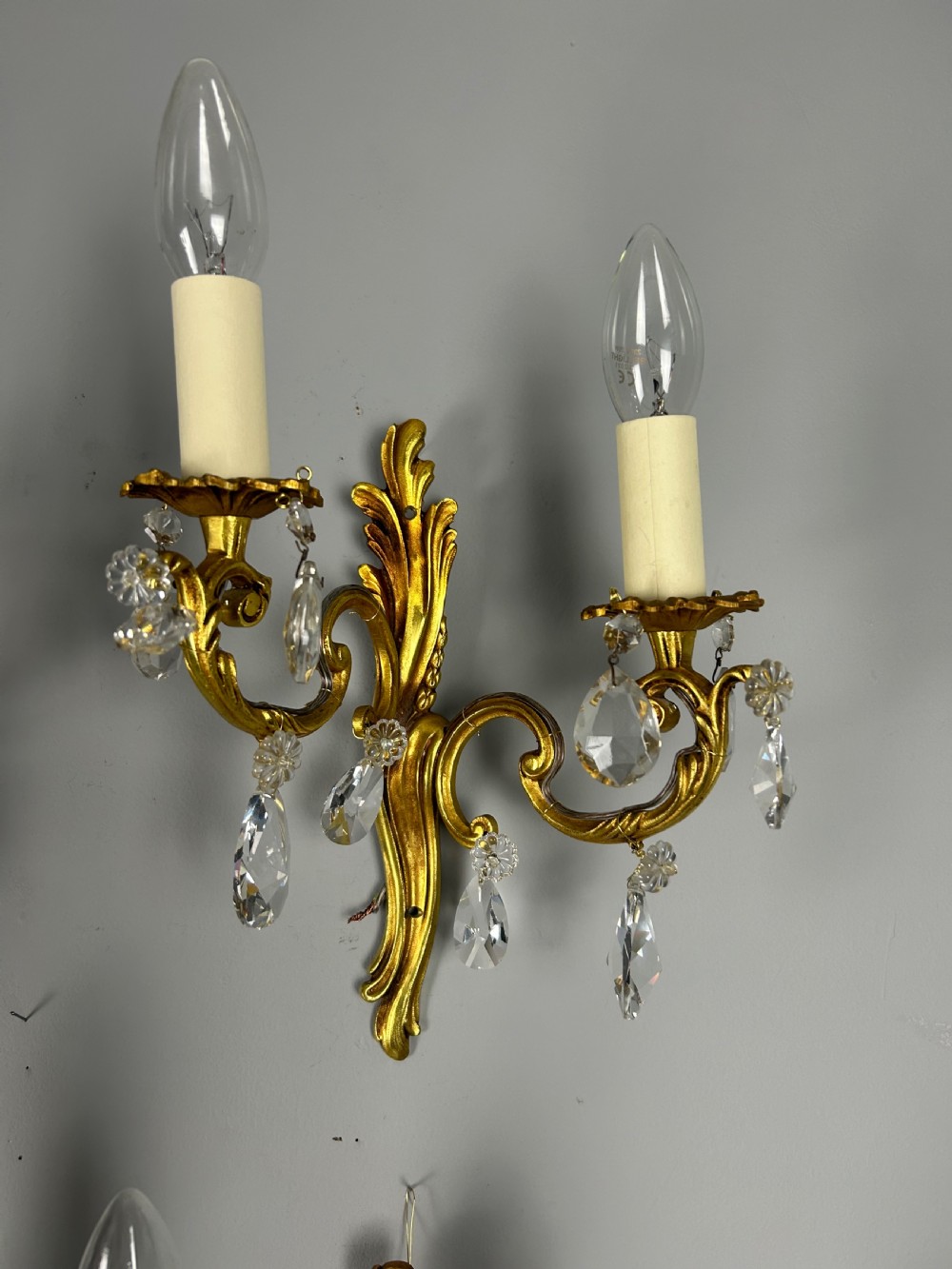 Set Of 5 French Gilded Twin Arm Antique Wall Lights With Crystals View VI