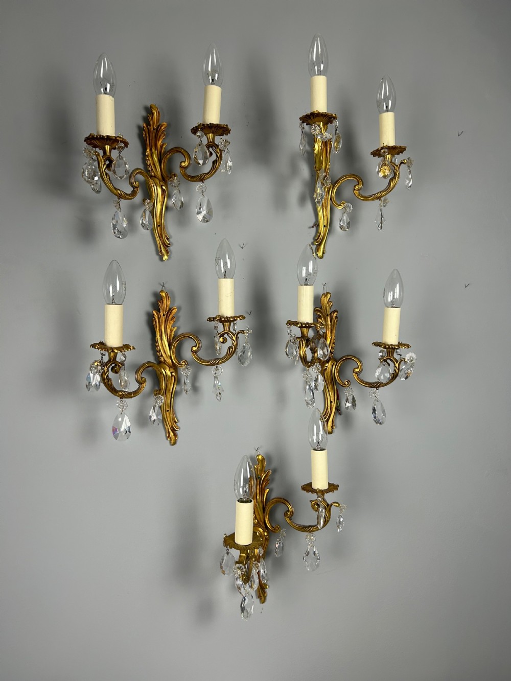 Set Of 5 French Gilded Twin Arm Antique Wall Lights With Crystals View VII