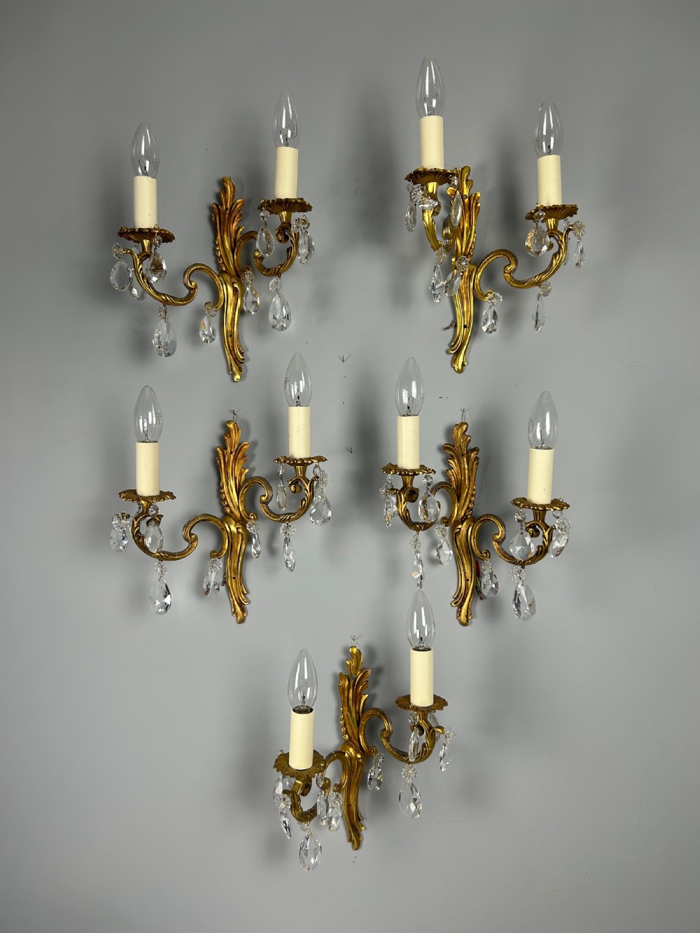 Set Of 5 French Gilded Twin Arm Antique Wall Lights With Crystals View VIII