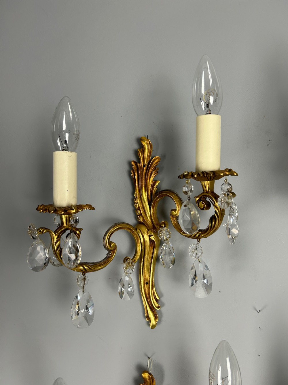 Set Of 5 French Gilded Twin Arm Antique Wall Lights With Crystals View IX