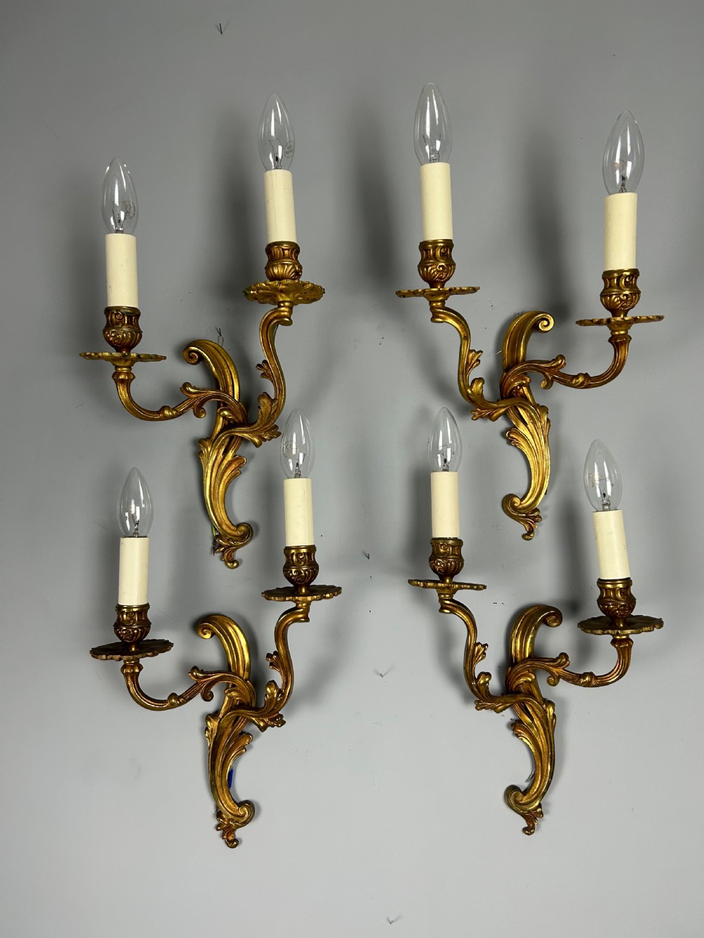 Set of 4 French Gilded Twin Arm Antique Wall Lights View VIII