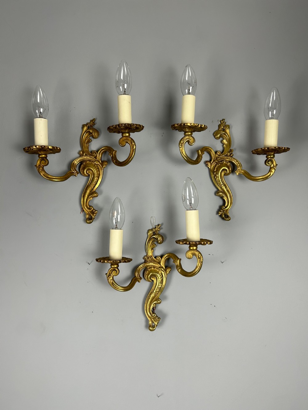 Set of 3 French Gilded Twin Arm Antique Wall Lights View II