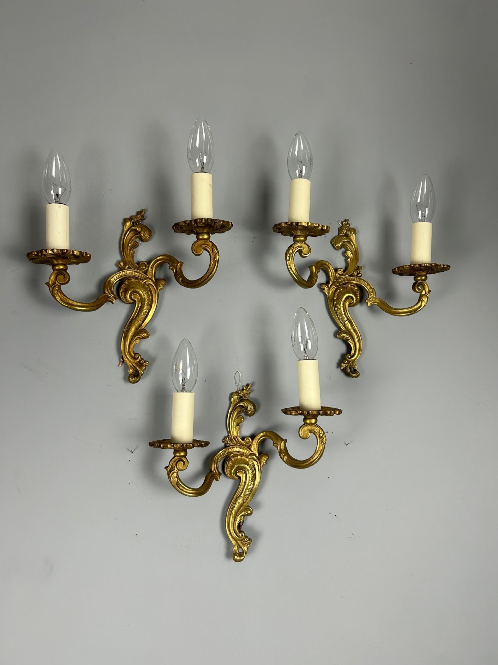 Set of 3 French Gilded Twin Arm Antique Wall Lights View VII