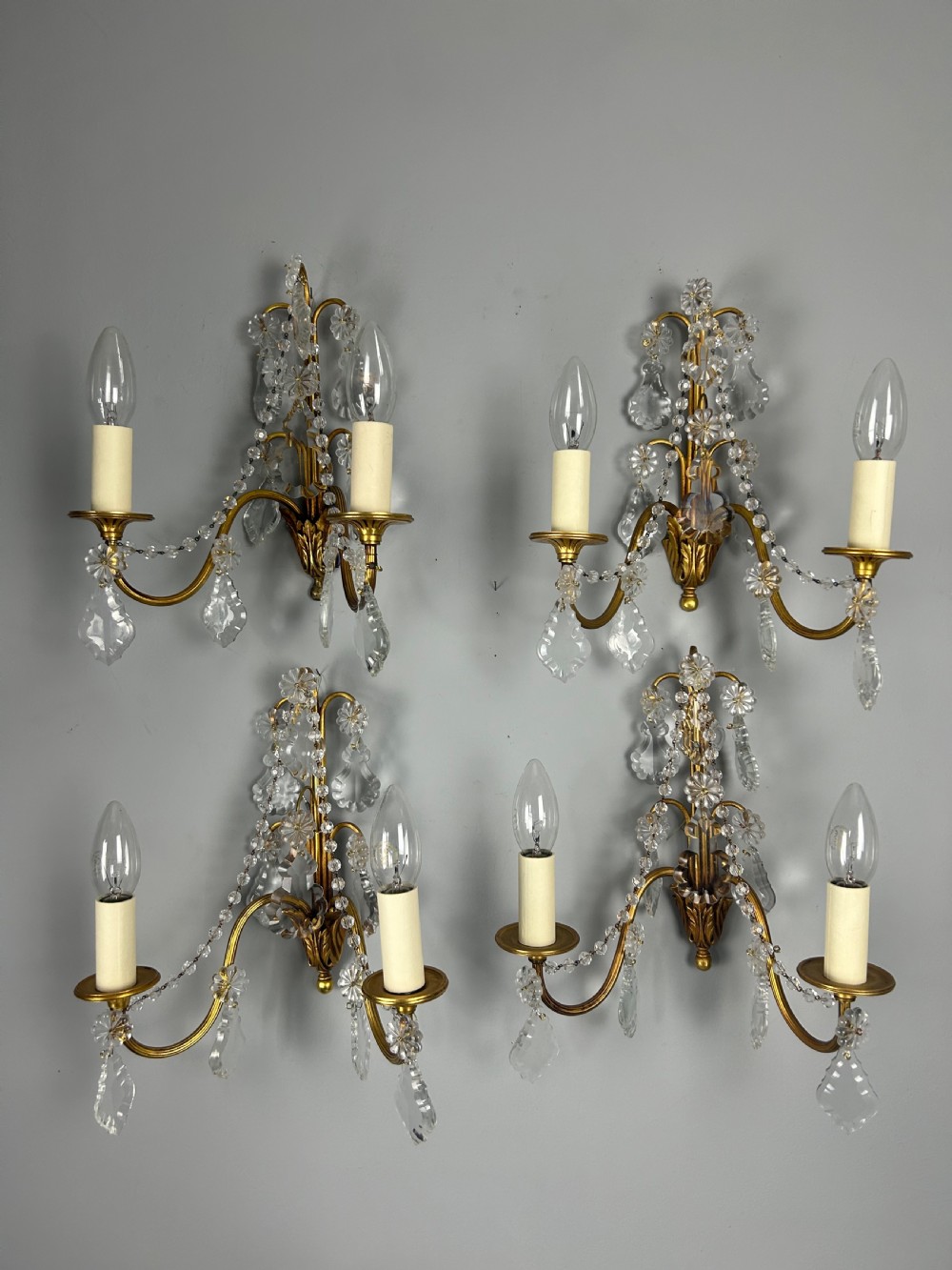 Set of 4 French Gilded Twin Arm Antique Wall Light With Crystals  View II