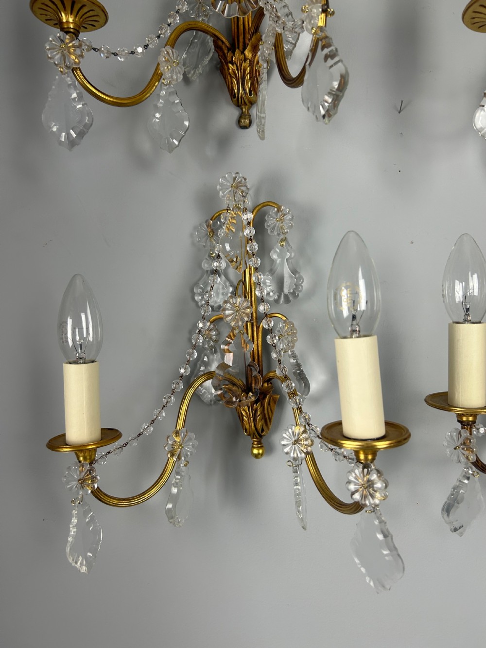 Set of 4 French Gilded Twin Arm Antique Wall Light With Crystals  View III