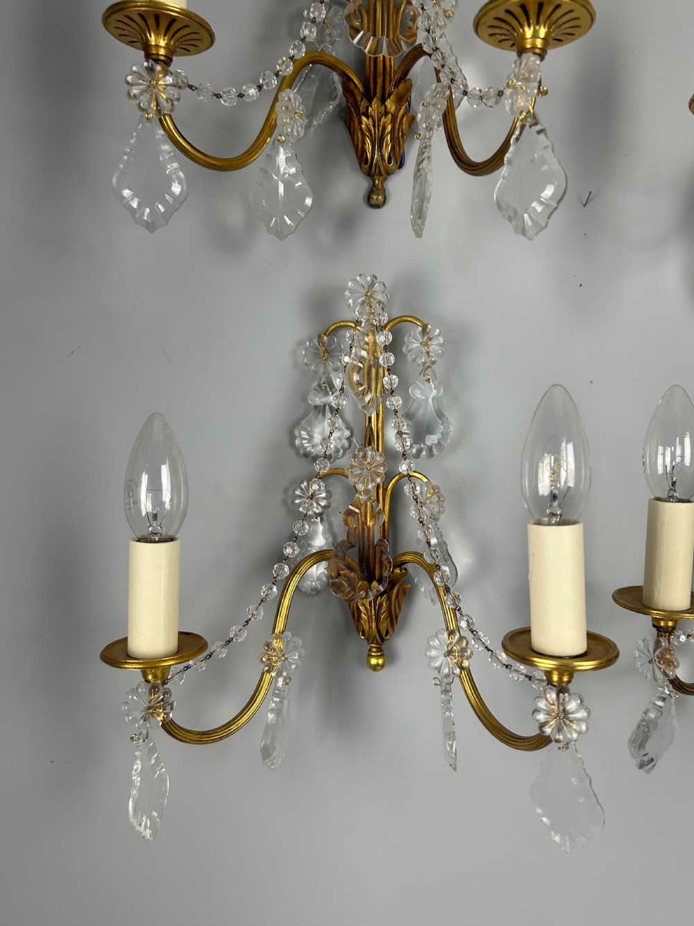 Set of 4 French Gilded Twin Arm Antique Wall Light With Crystals  View IV