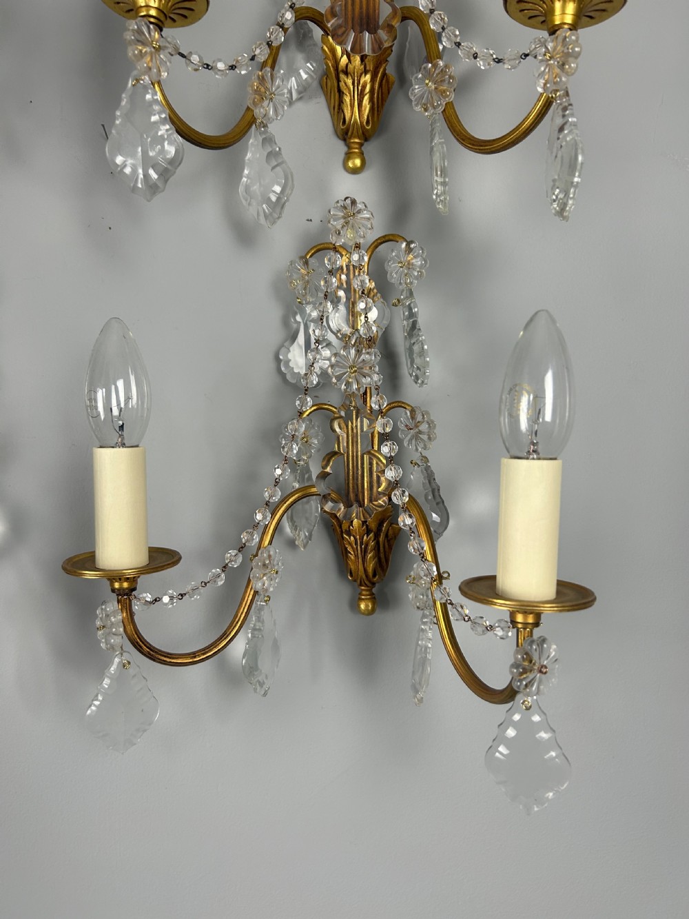 Set of 4 French Gilded Twin Arm Antique Wall Light With Crystals  View V