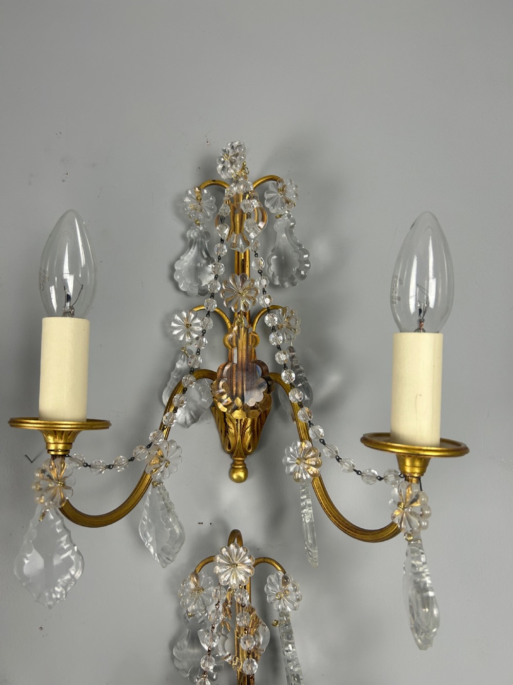 Set of 4 French Gilded Twin Arm Antique Wall Light With Crystals  View VI