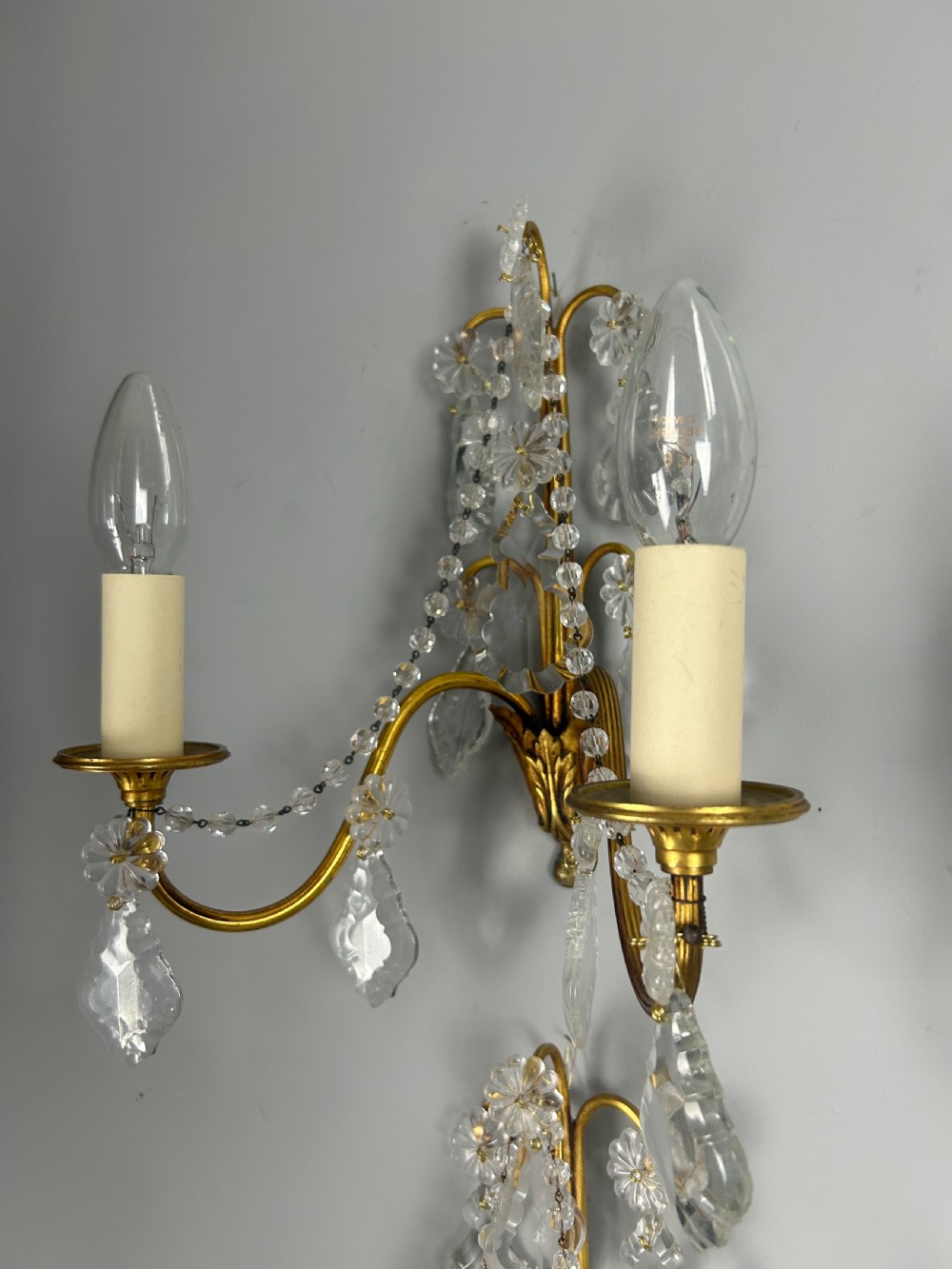 Set of 4 French Gilded Twin Arm Antique Wall Light With Crystals  View VII