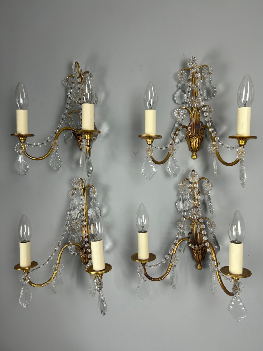 Set of 4 French Gilded Twin Arm Antique Wall Light With Crystals  View VIII