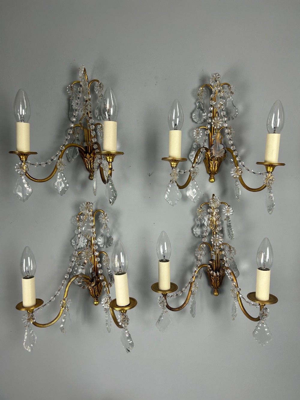 Set of 4 French Gilded Twin Arm Antique Wall Light With Crystals  View IX