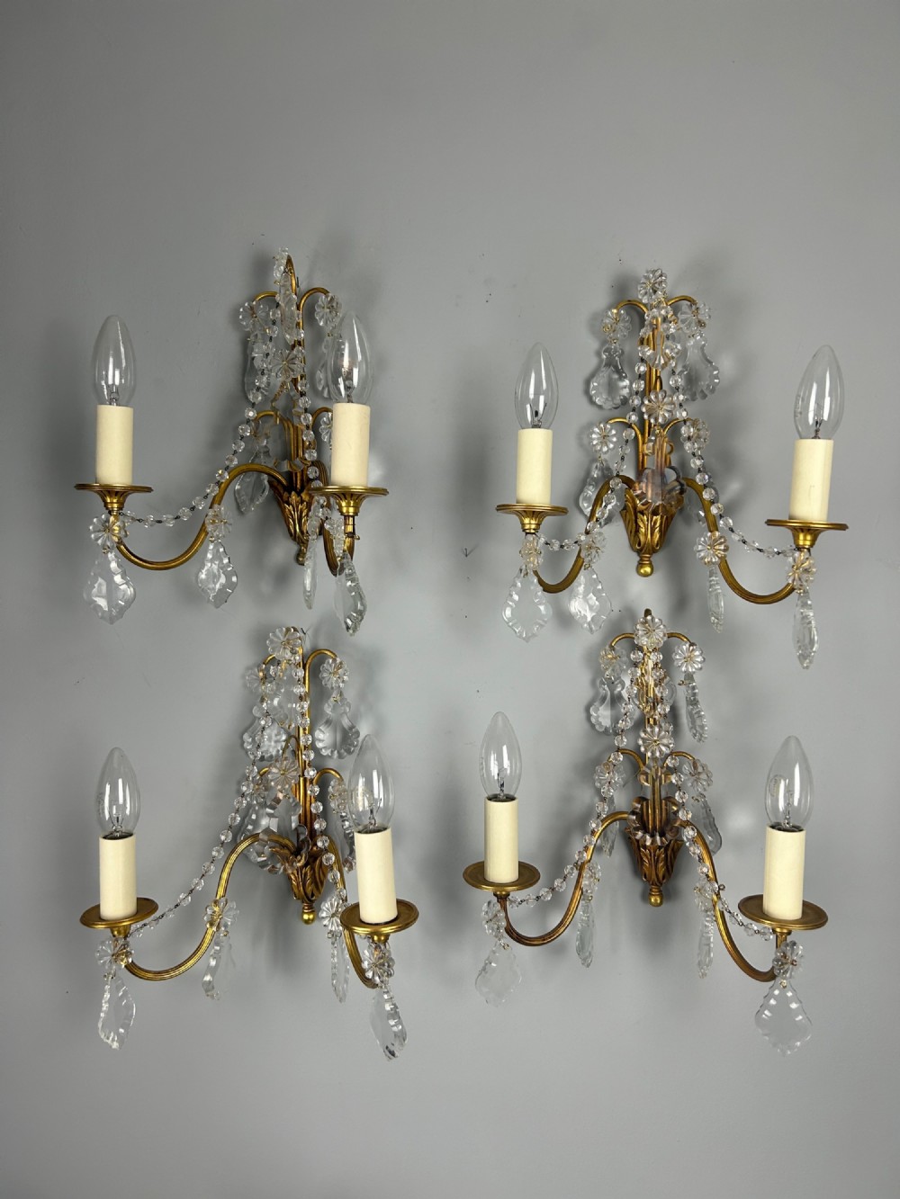 Set of 4 French Gilded Twin Arm Antique Wall Light With Crystals 