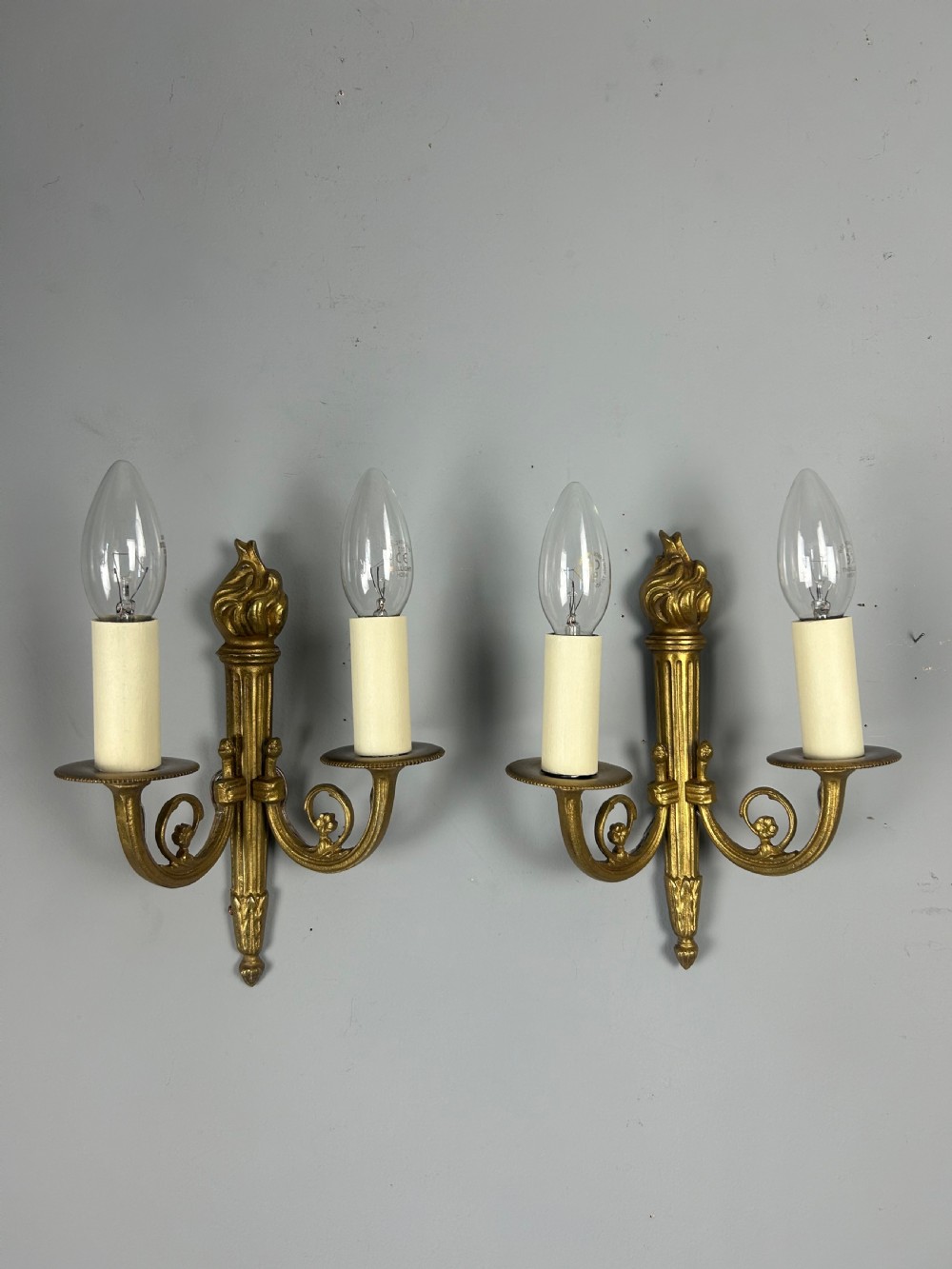 French Pair Of Gilded Brass Flame Wall Lights