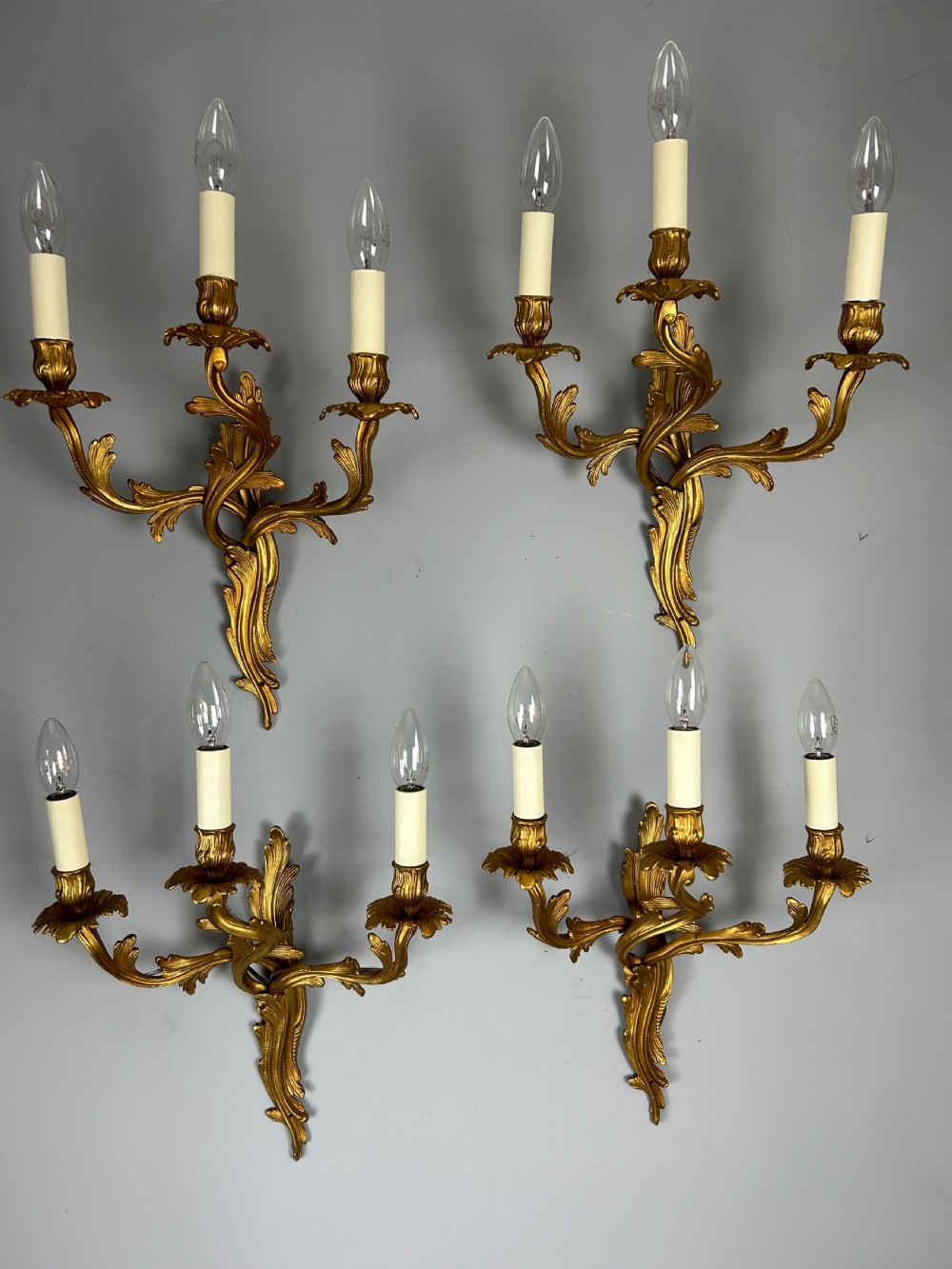 Set Of 4 French Large Triple Arm Gilt Brass Antique Wall Lights
