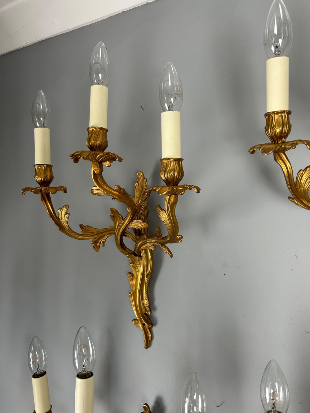 Set Of 4 French Large Triple Arm Gilt Brass Antique Wall Lights View II