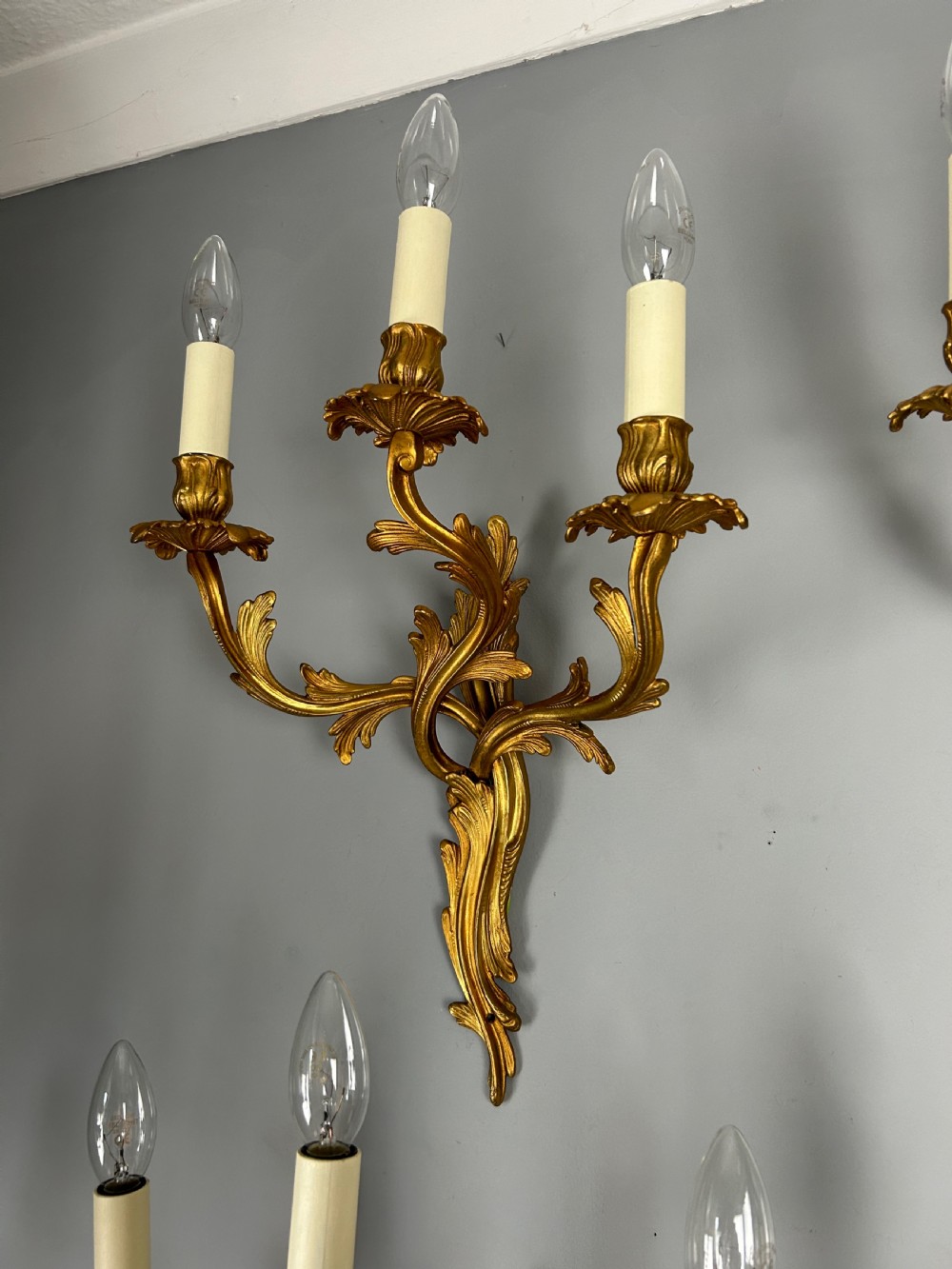 Set Of 4 French Large Triple Arm Gilt Brass Antique Wall Lights View IV