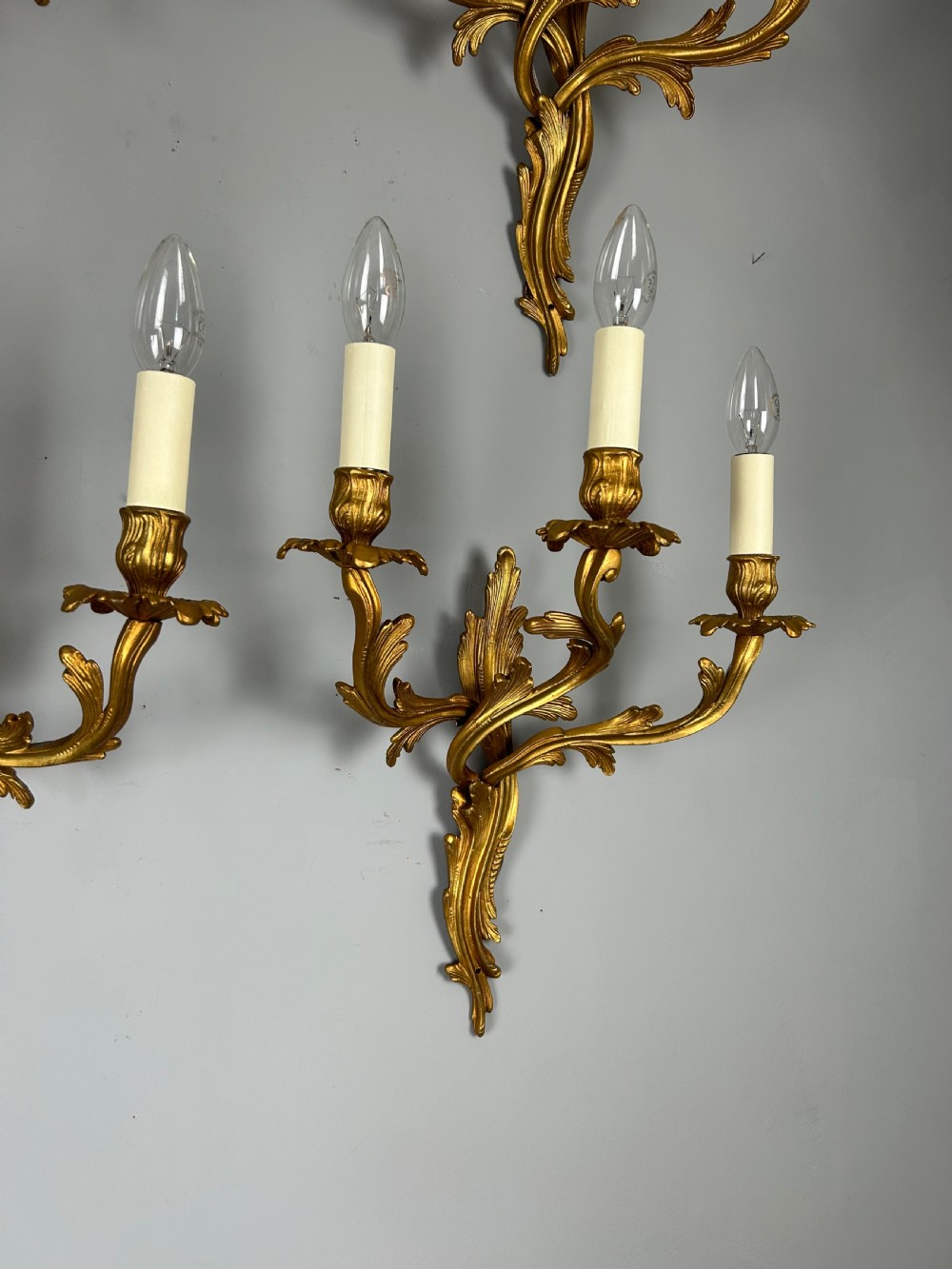 Set Of 4 French Large Triple Arm Gilt Brass Antique Wall Lights View V