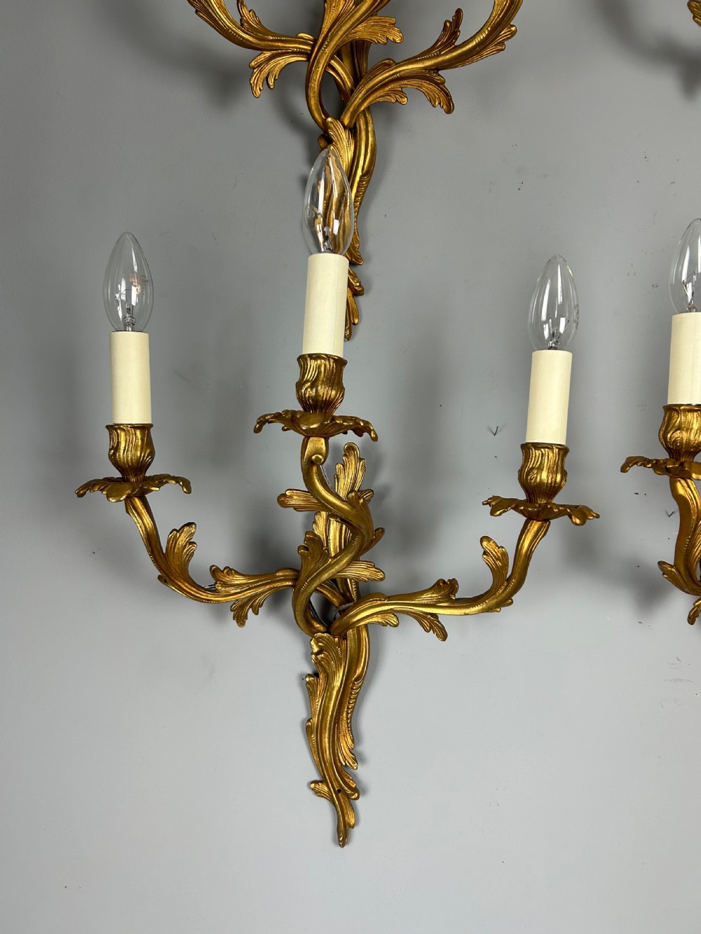 Set Of 4 French Large Triple Arm Gilt Brass Antique Wall Lights View VI