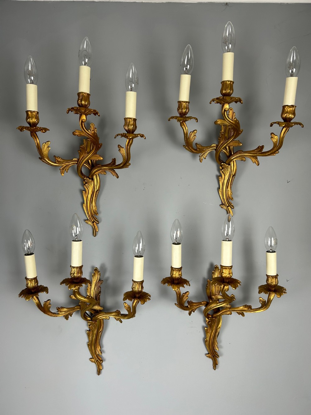 Set Of 4 French Large Triple Arm Gilt Brass Antique Wall Lights View VII