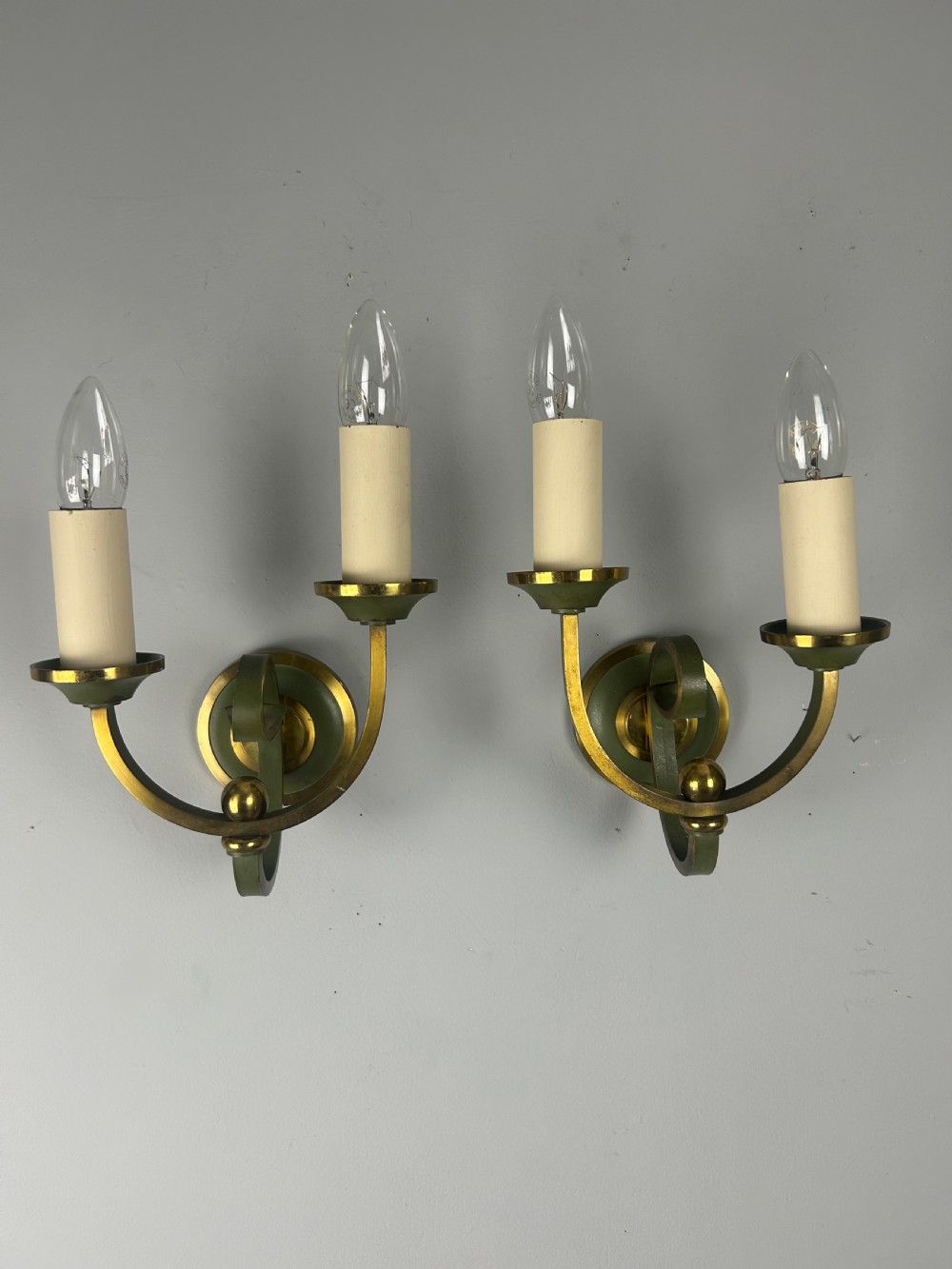 Pair Of French Art Deco Green Enamel & Brass Wall Lights