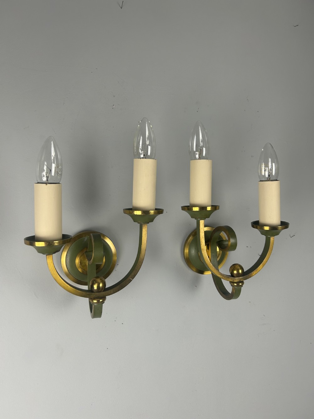 Pair Of French Art Deco Green Enamel & Brass Wall Lights View II
