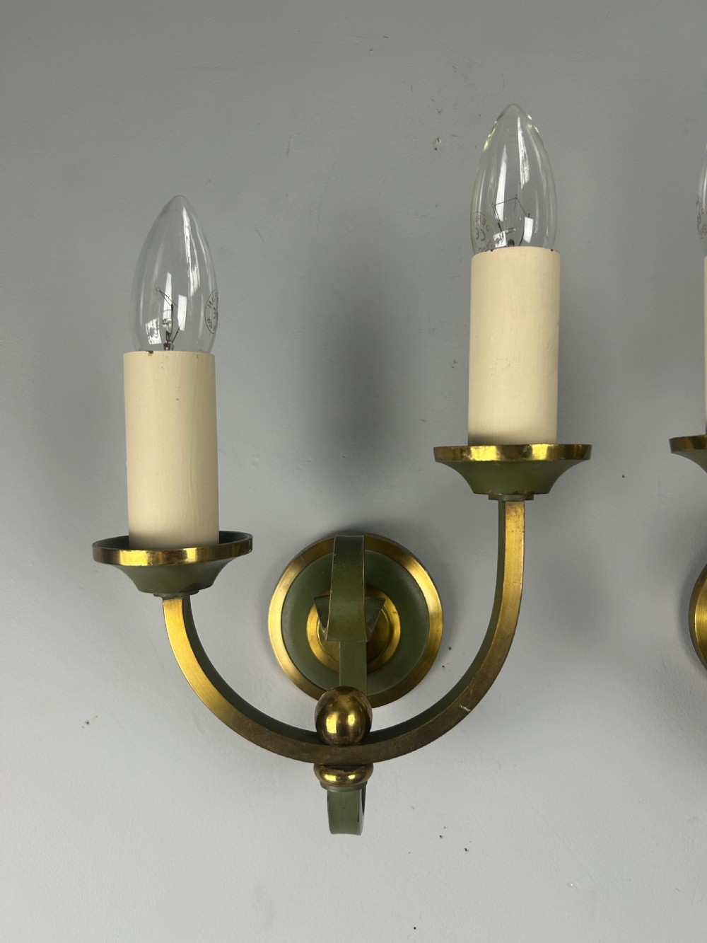 Pair Of French Art Deco Green Enamel & Brass Wall Lights View III