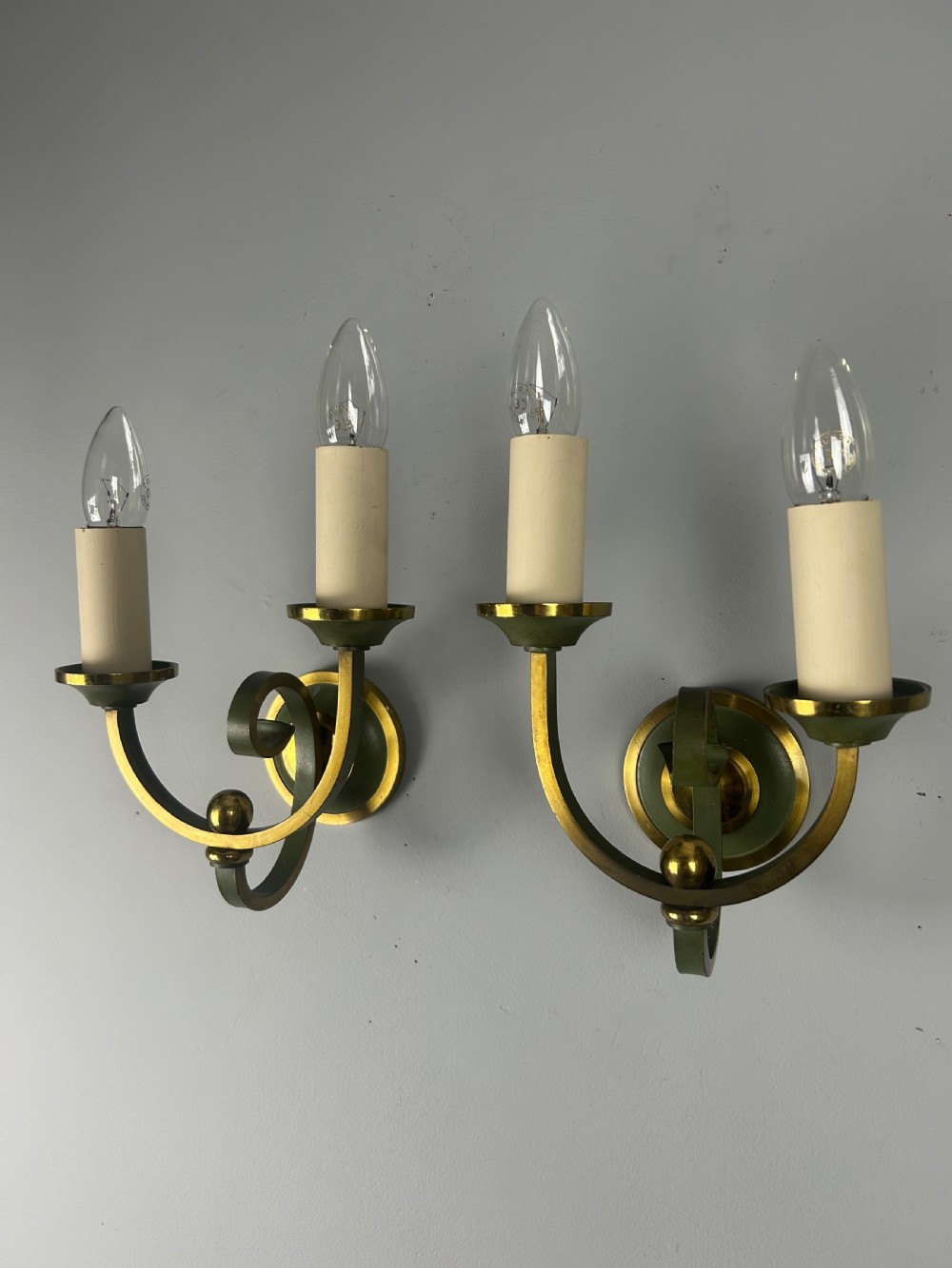 Pair Of French Art Deco Green Enamel & Brass Wall Lights View IV