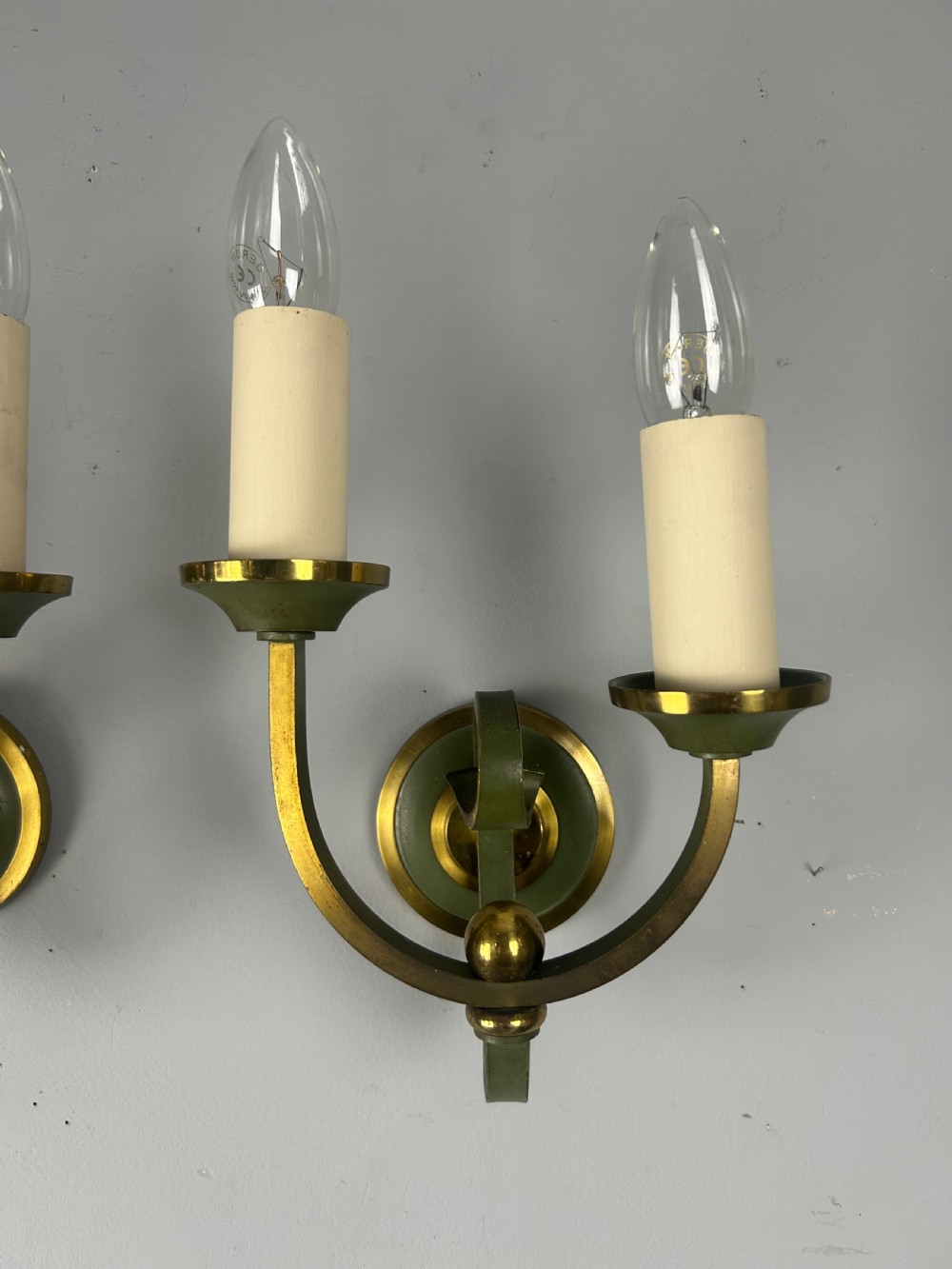Pair Of French Art Deco Green Enamel & Brass Wall Lights View V