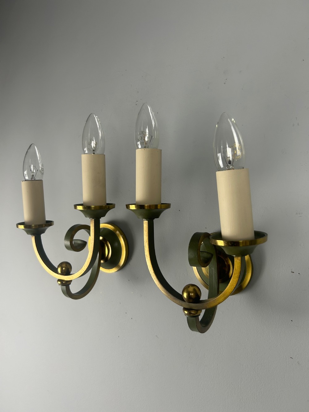 Pair Of French Art Deco Green Enamel & Brass Wall Lights View VI