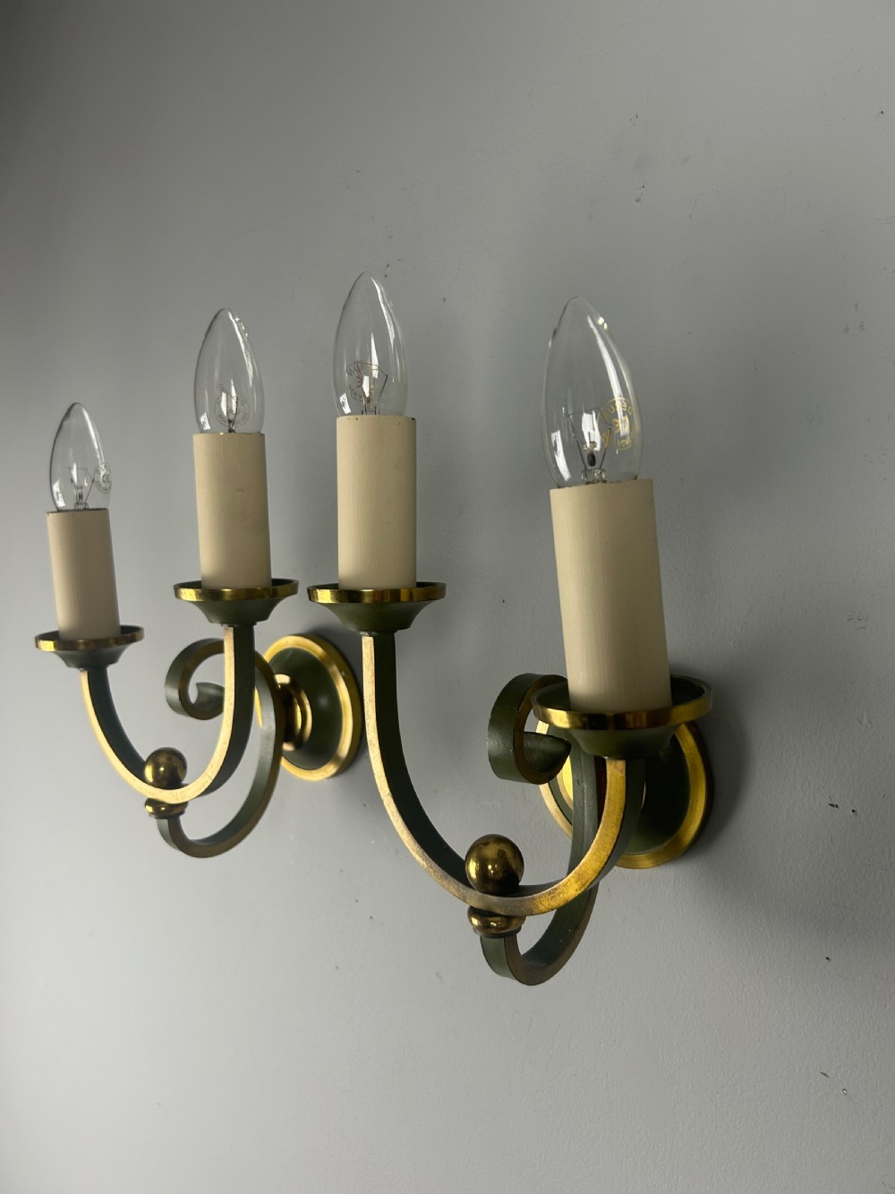 Pair Of French Art Deco Green Enamel & Brass Wall Lights View VII