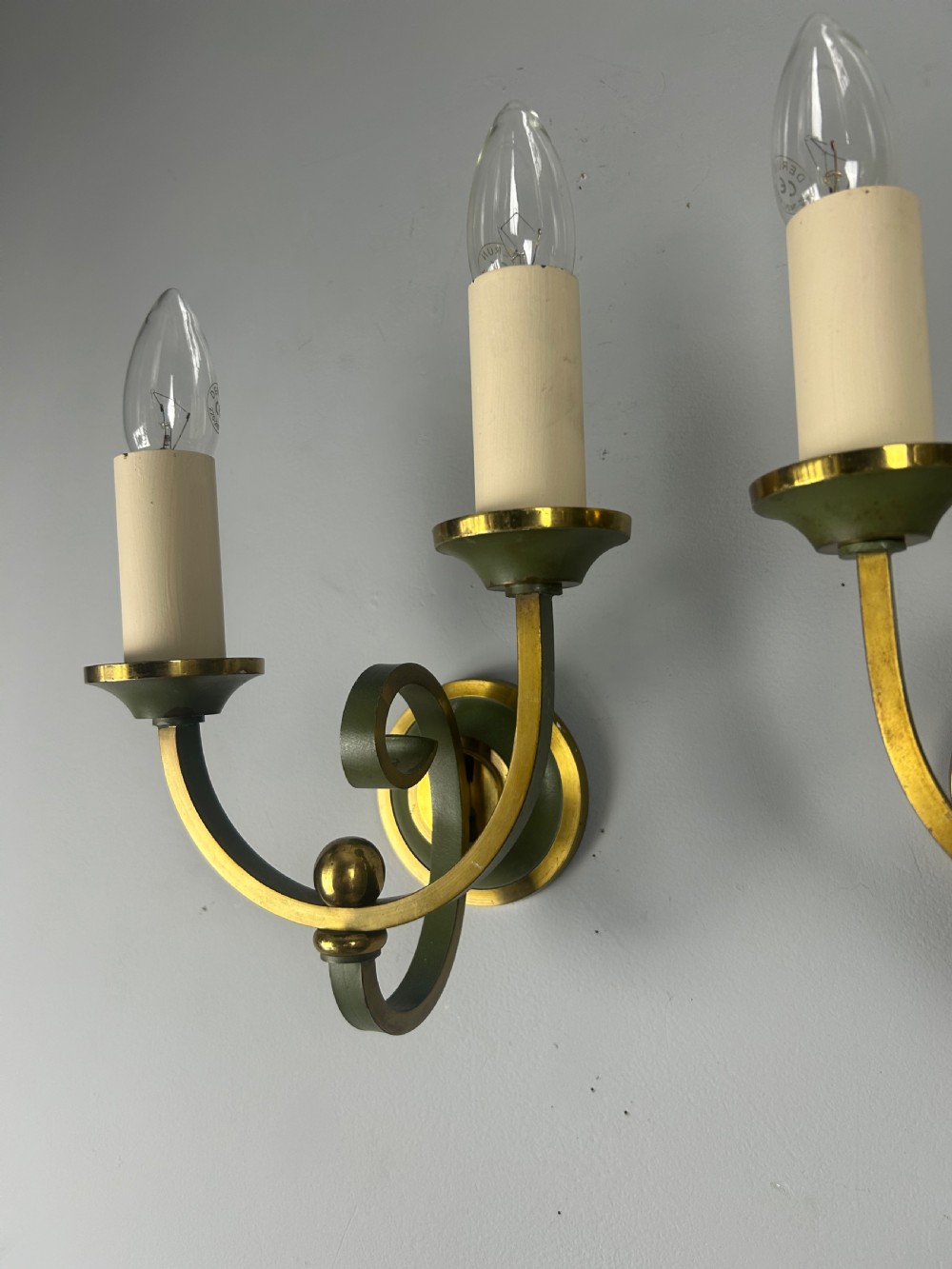 Pair Of French Art Deco Green Enamel & Brass Wall Lights View IX