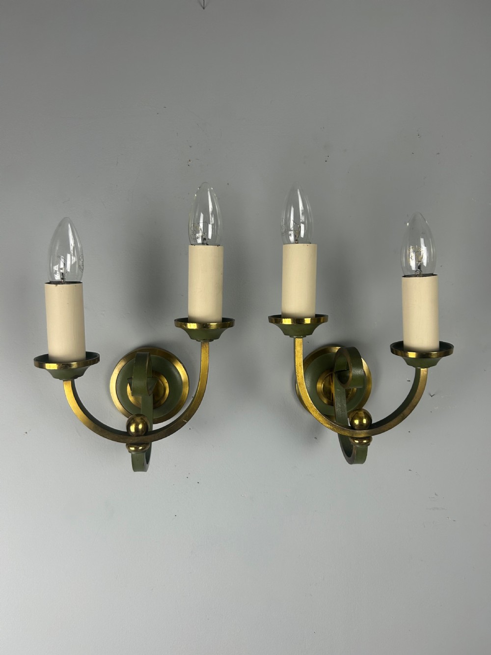 Pair Of French Art Deco Green Enamel & Brass Wall Lights View X