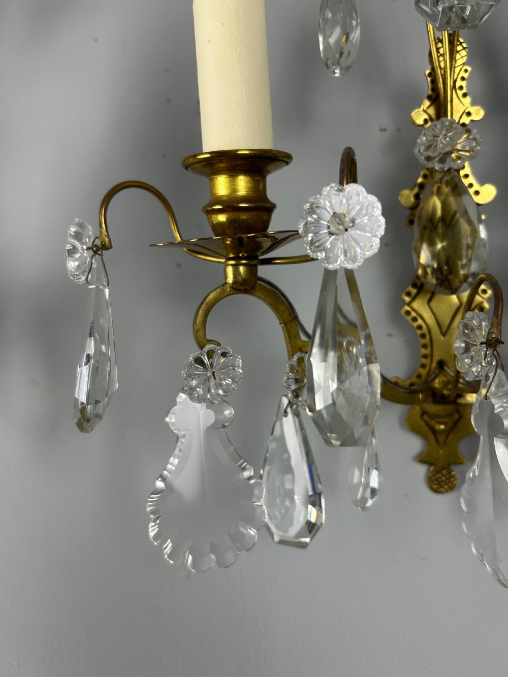 Pair Of French Gilded Twin Arm Antique Wall Lights With Crystals View II