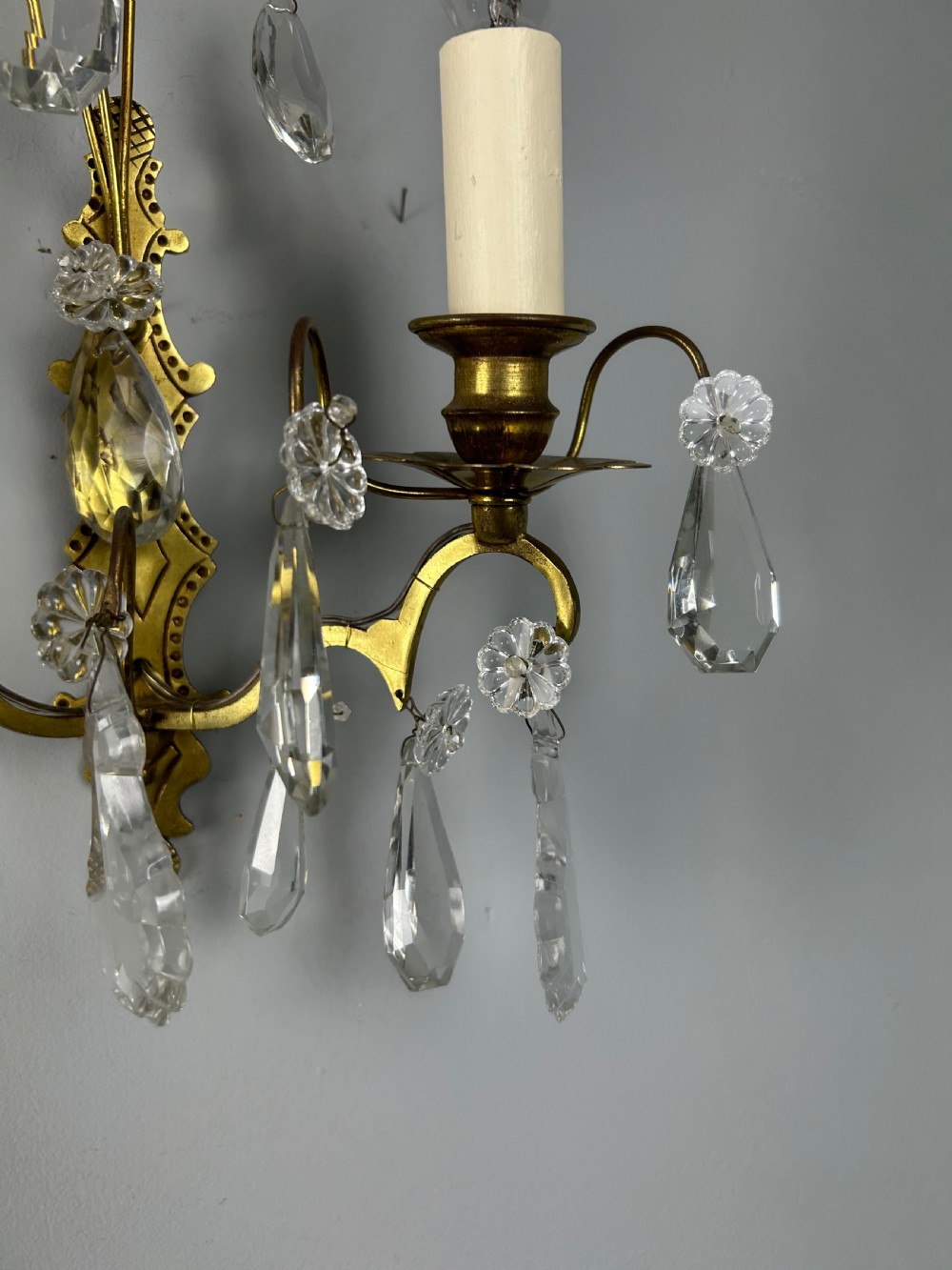 Pair Of French Gilded Twin Arm Antique Wall Lights With Crystals View III
